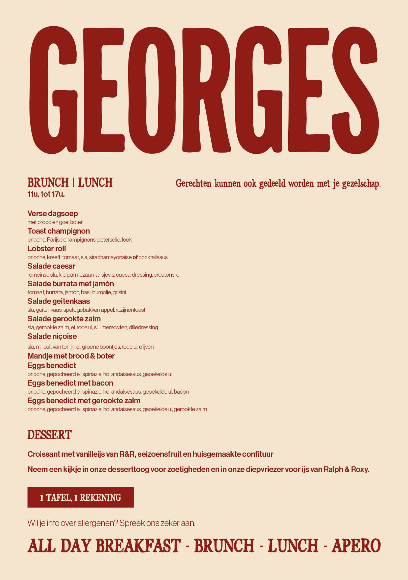 Georges menu — brunch, lunch & dessert