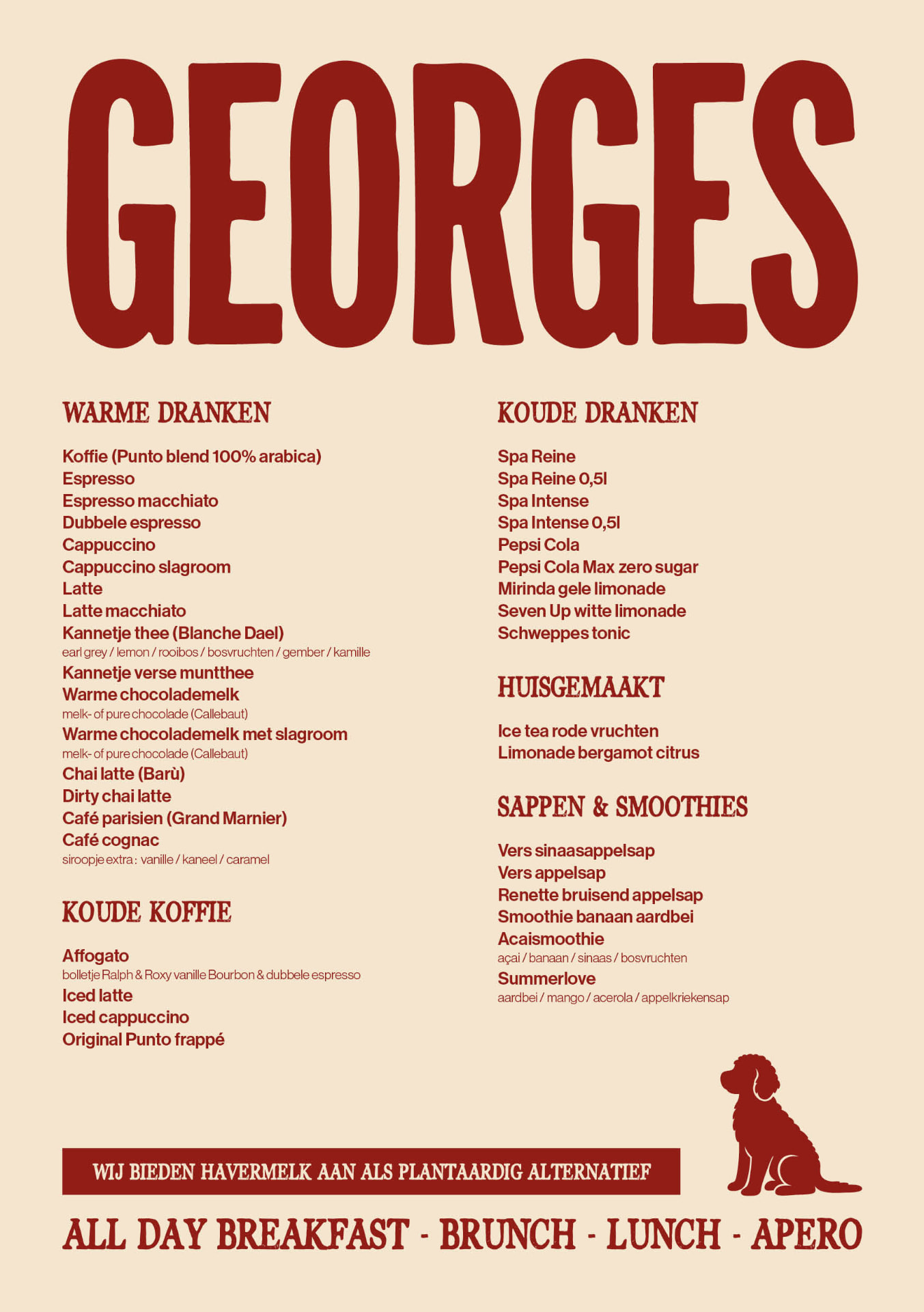 Georges menu — warme & koude dranken, koffie, sappen & smoothies