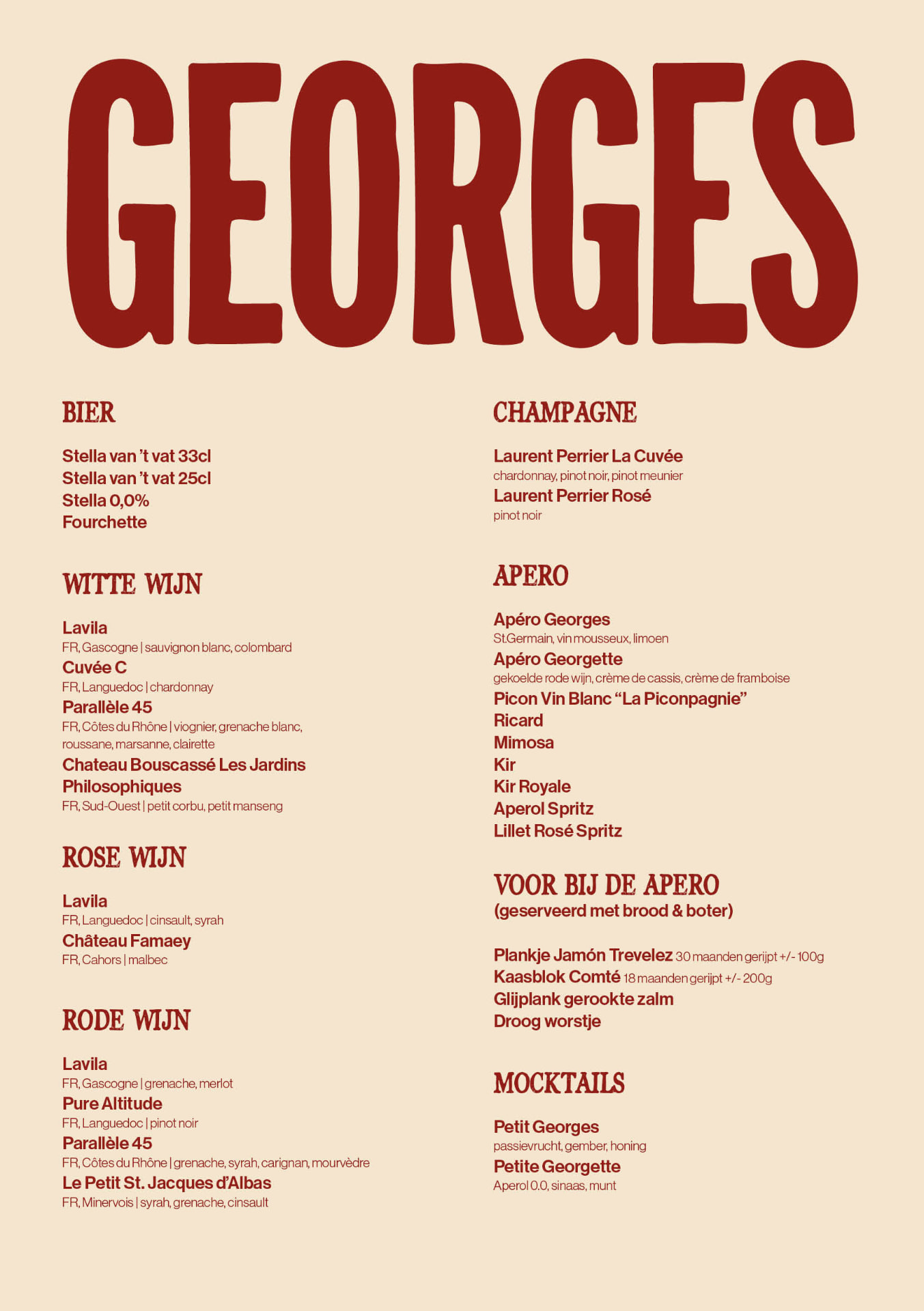 Georges menu — bier, wijn, champagne, apero & mocktails